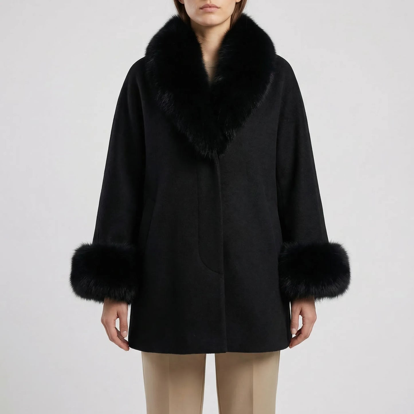 Velvenza - Oversized Faux Fur Trim Poncho Top