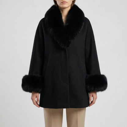 Velvenza - Oversized Faux Fur Trim Poncho Top