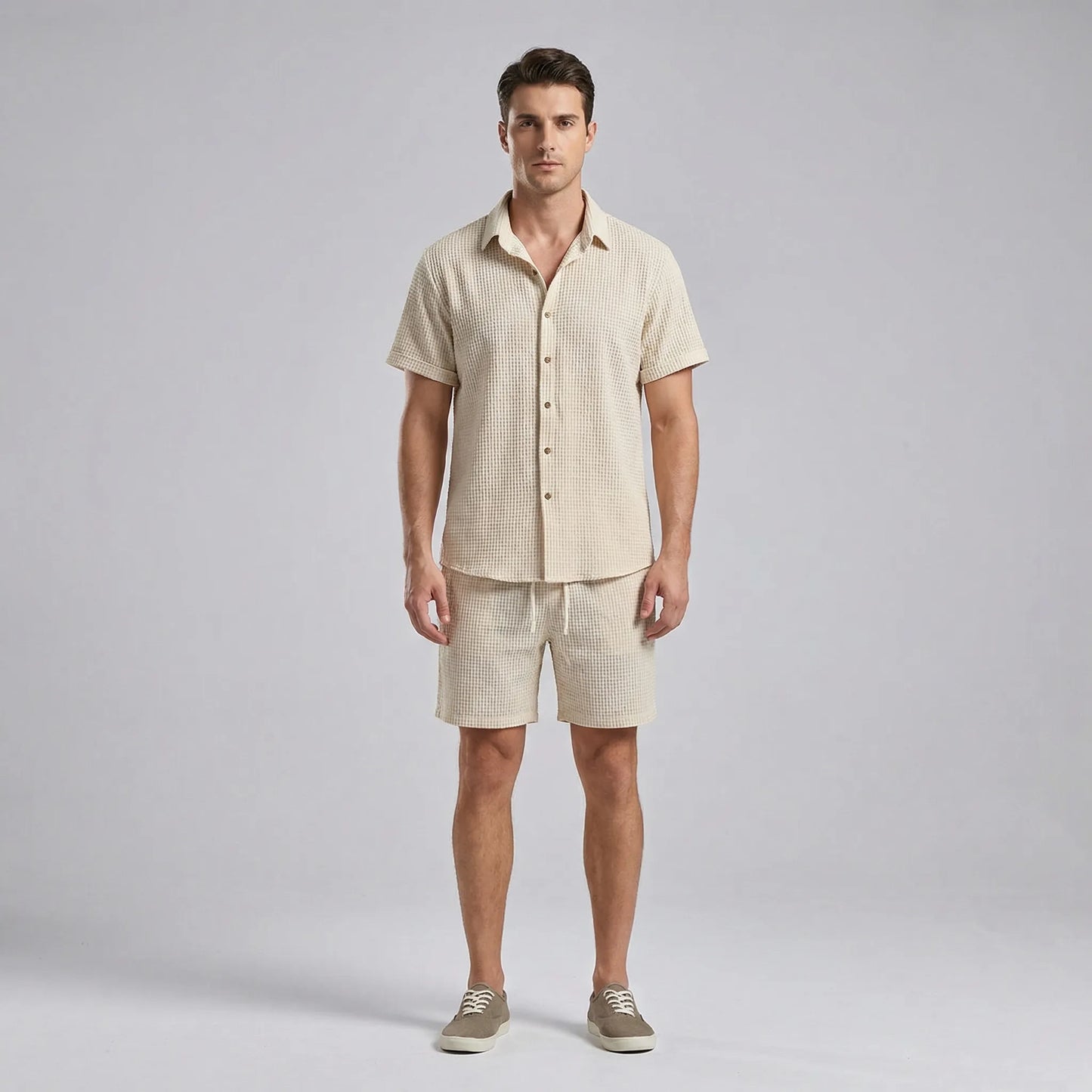 Wafflux - Matching Waffle-Texture Shirt And Shorts Set