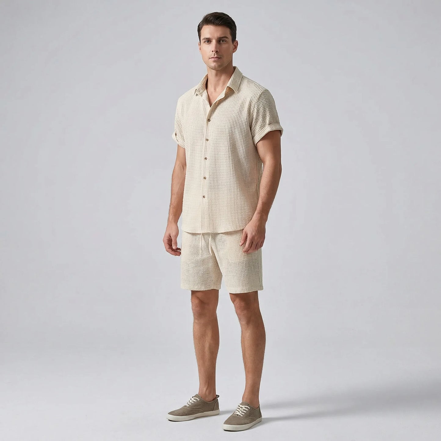 Wafflux - Matching Waffle-Texture Shirt And Shorts Set