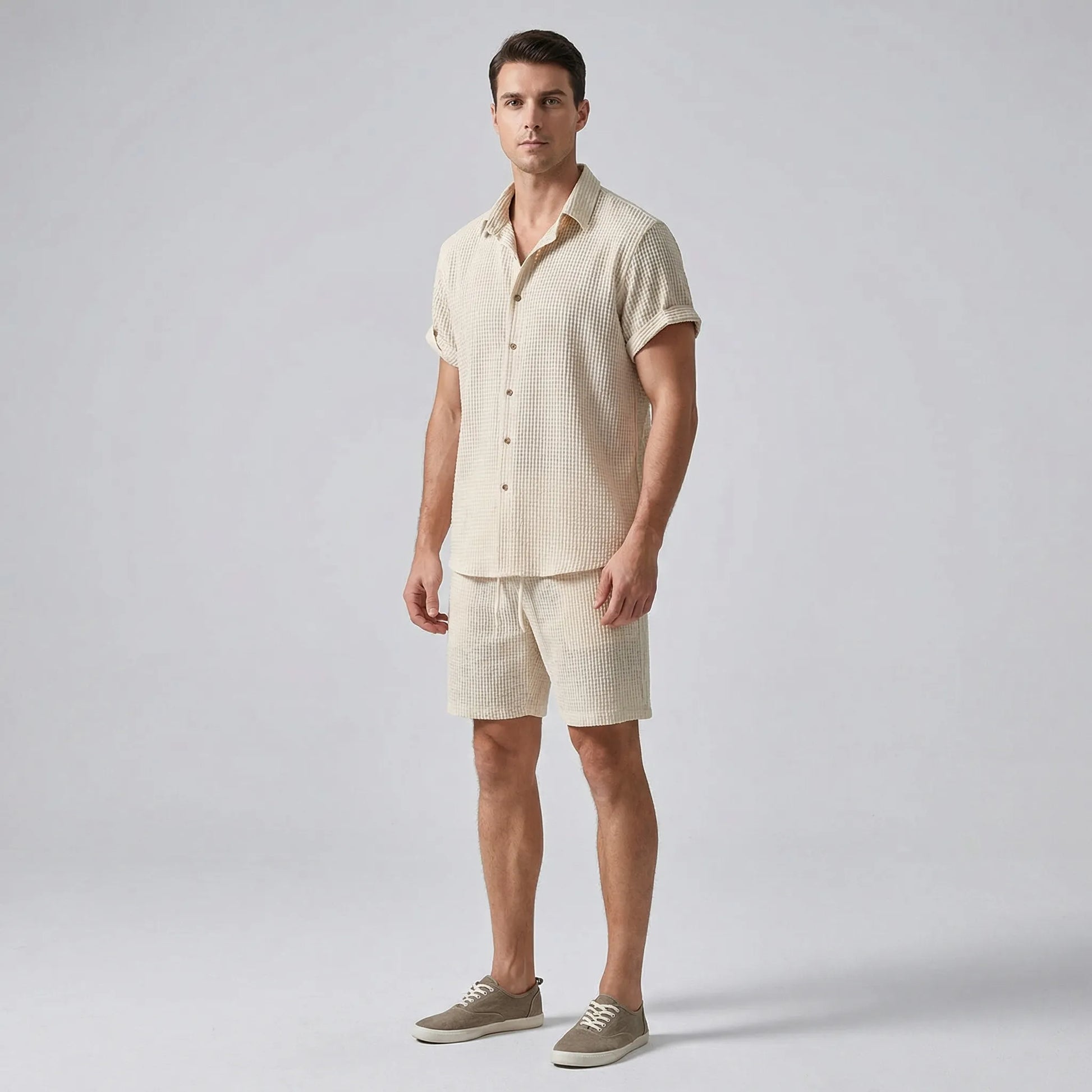 Wafflux - Matching Waffle-Texture Shirt And Shorts Set