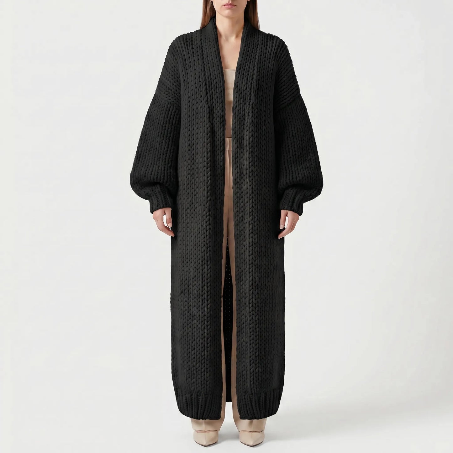 Wovella | Long Open-Front Chunky Knit Cardigan