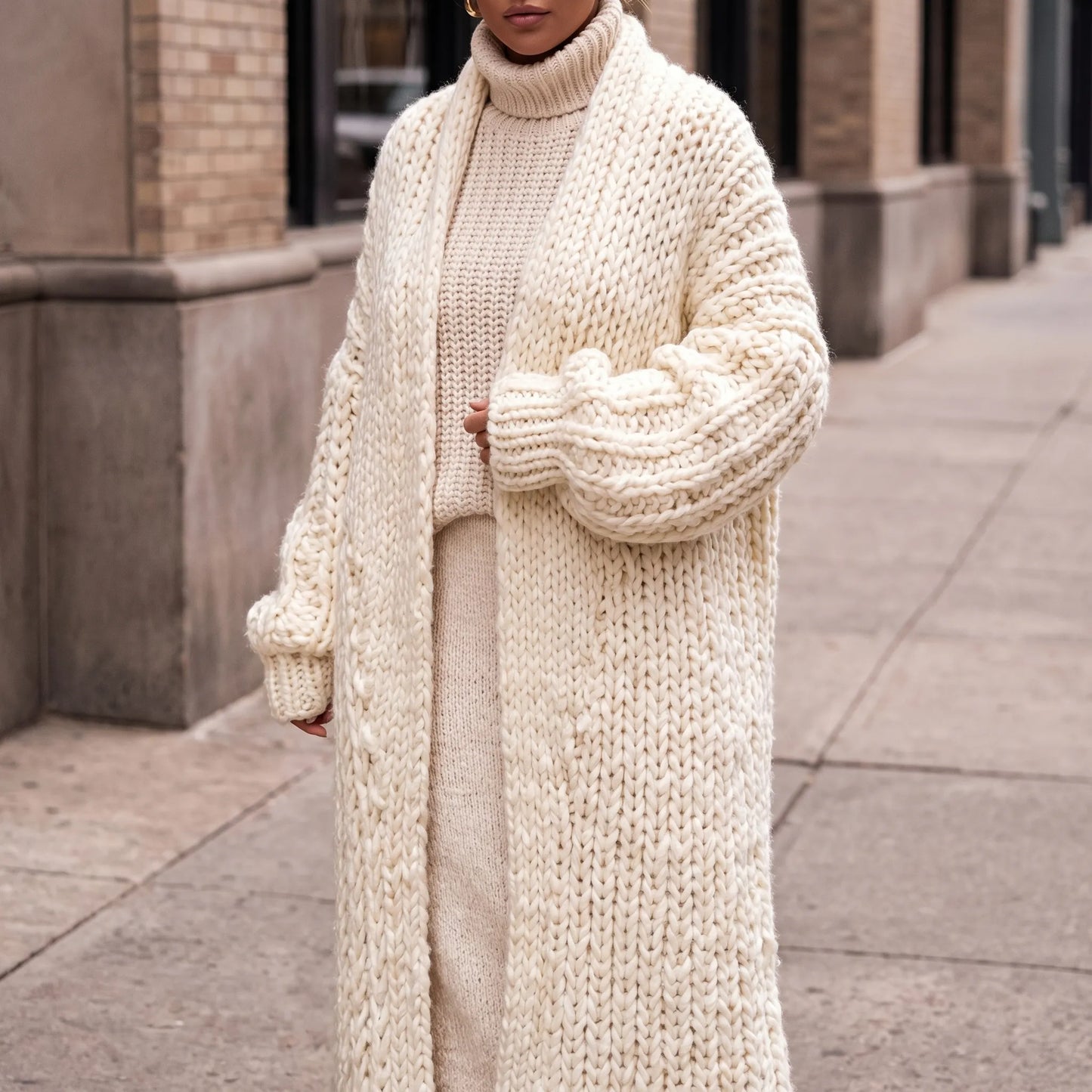 Wovella | Long Open-Front Chunky Knit Cardigan