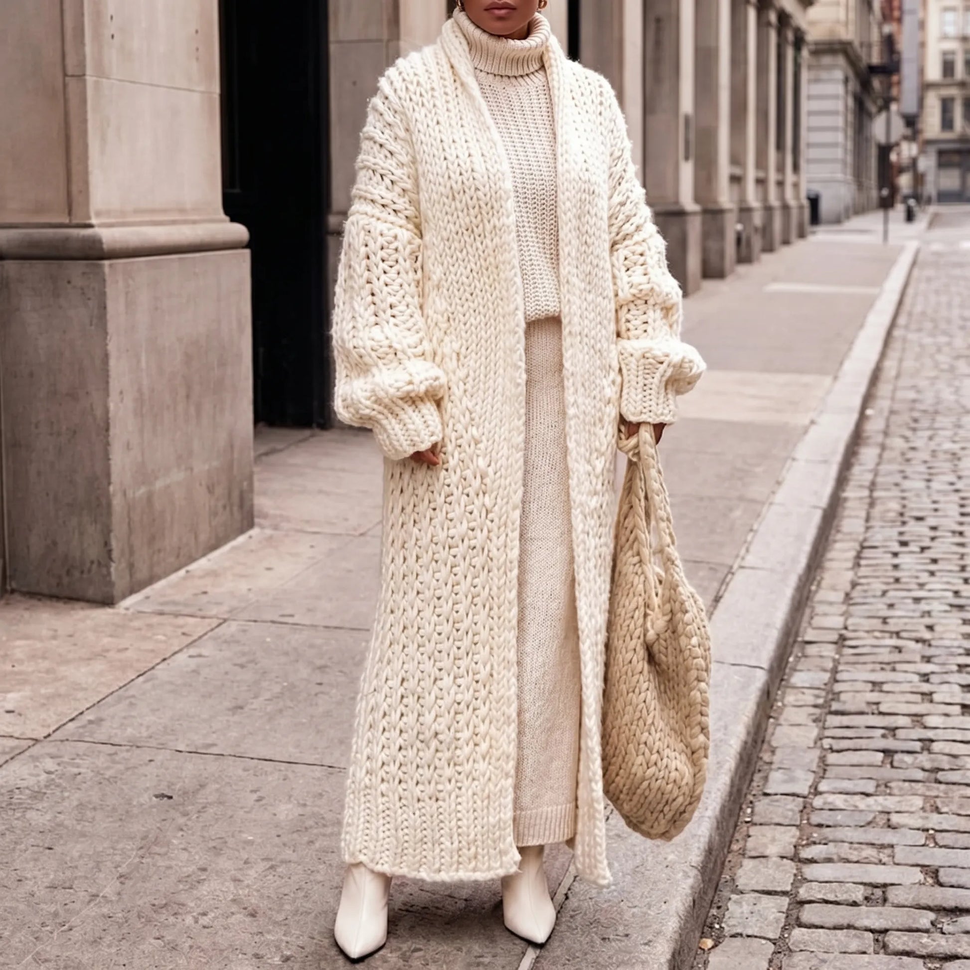 Wovella | Long Open-Front Chunky Knit Cardigan