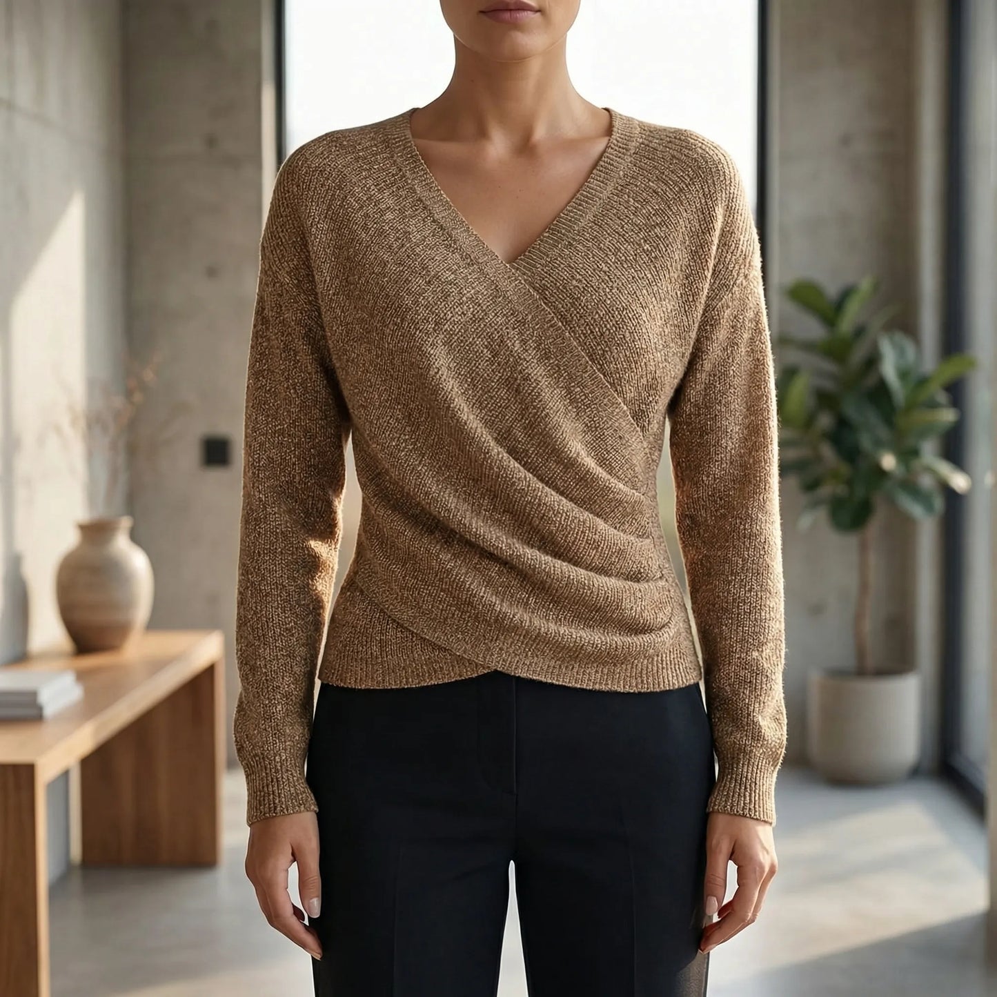 Wrapelle | Wrap-Front V-Neck Knit Top