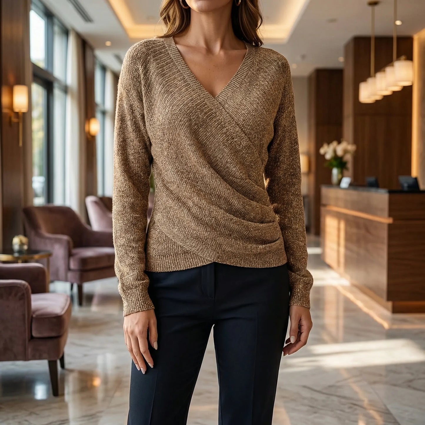Wrapelle | Wrap-Front V-Neck Knit Top